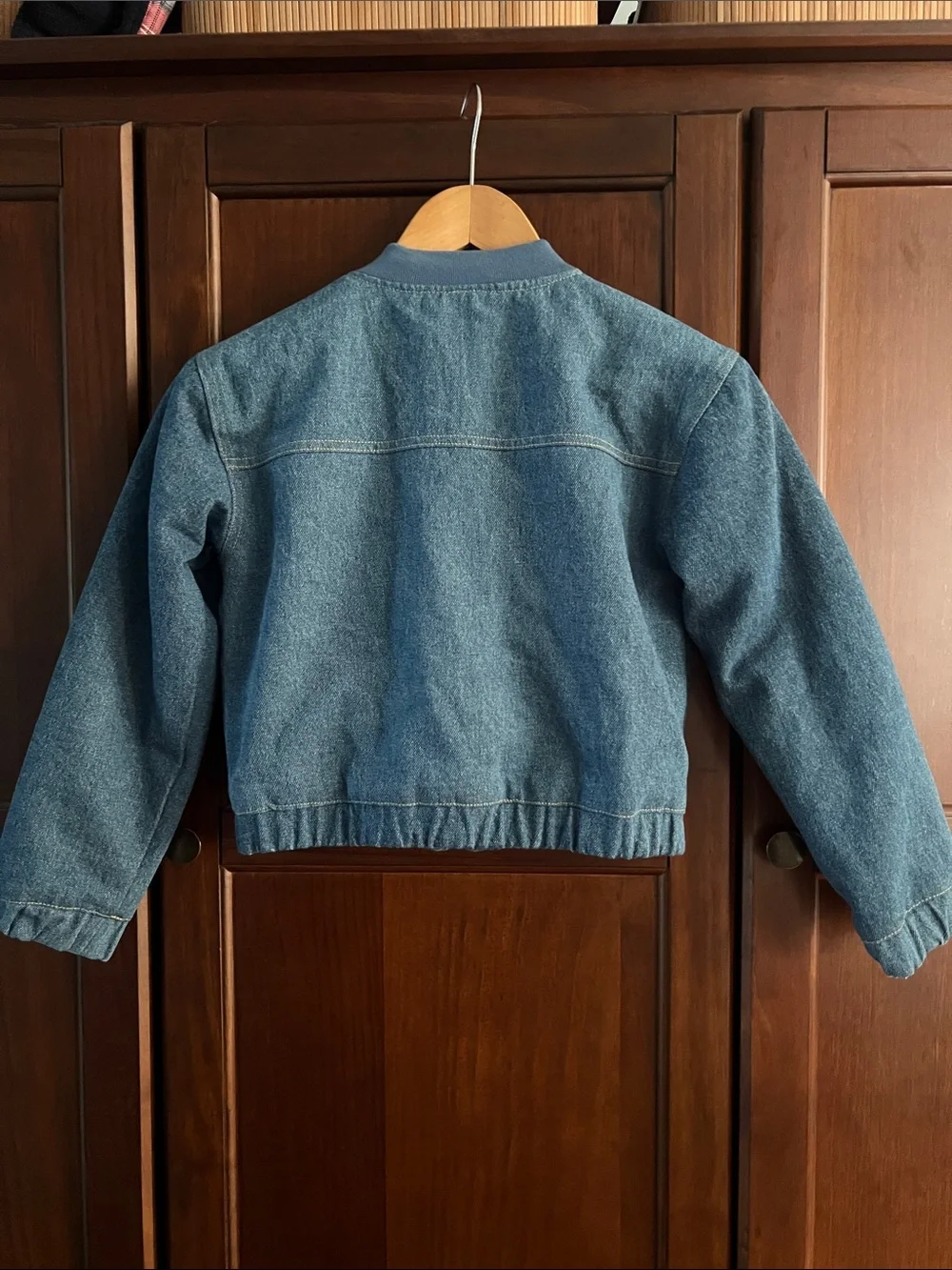 Max Studio Kids Girls Blue Denim Bomber Jacket Quilted Lined Zip Front Sz M 7/8